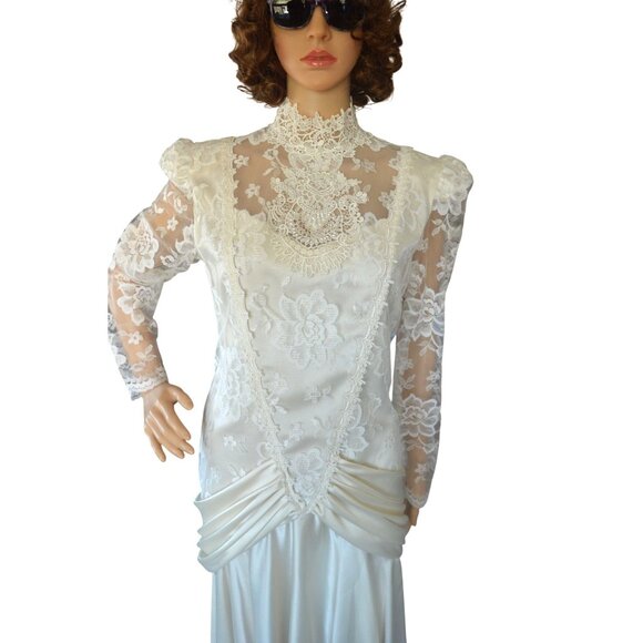 Vintage 80s Ivory Lace Satin 20s Flapper Revival Drop Waist Wedding Dress Size 8 - Picture 2 of 9